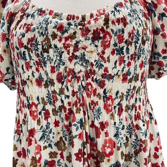 Alluv Place Floral Puff Sleeve Cottagecore Midi Dress Smocked Bodice Festival - Picture 6 of 12